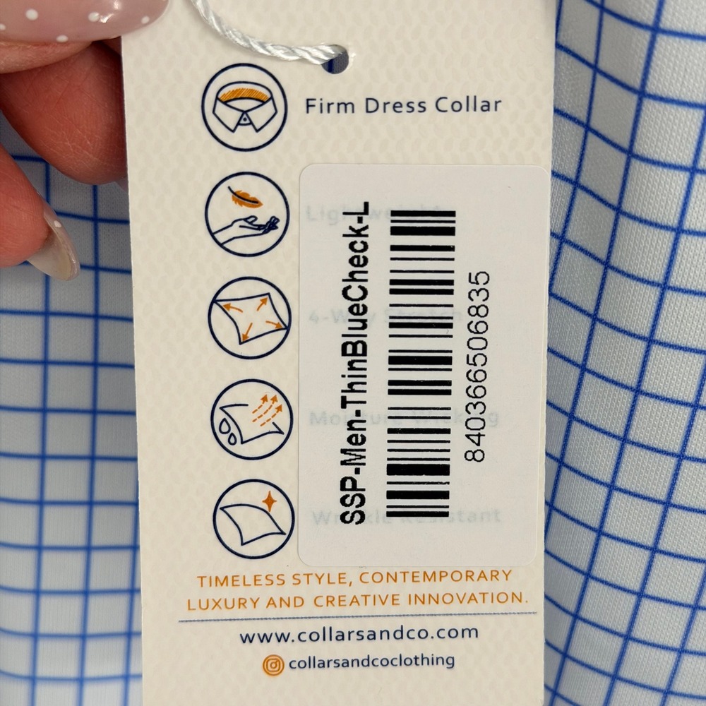 Collars & Co Semi Spread Polo Shirt Men's Large Thin Blue Check Performance NEW - Picture 7 of 9